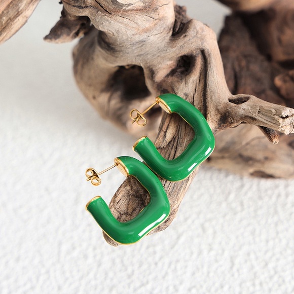 18K Gold Plated Square Hoop Earrings*Green Enamel Festival*Christmas*Halloween*M - Picture 2 of 5